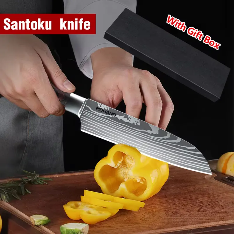 Santoku Japanese Kitchen Knives Damascus Pattern Professional Cooking - Hut Knives™